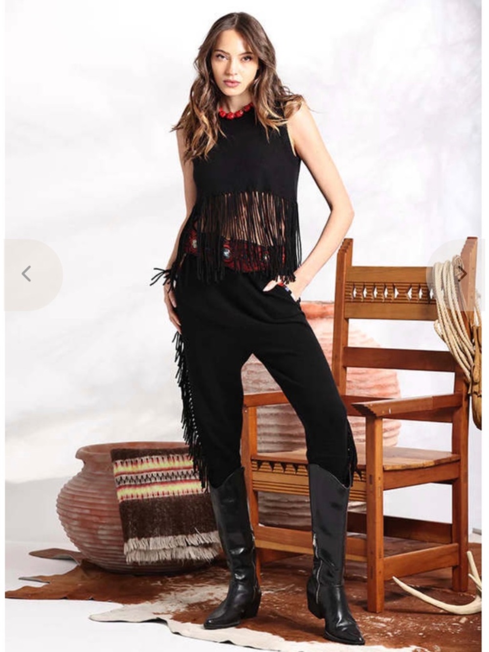 $225 Minnie Rose Black Crropped Long Fringe Sweater Size XS